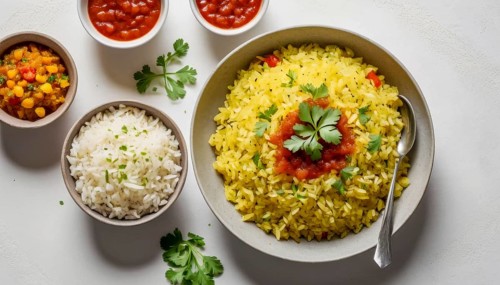 This vibrant image showcases a flavorful meal with rice, various sauces, and fresh herbs, perfect