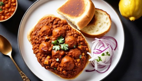 This flavorful dish features a rich, savory curry served with toasted bread and fresh red onions