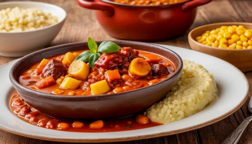This delicious stew is served with a side of couscous and corn, perfect for a warm and comforting