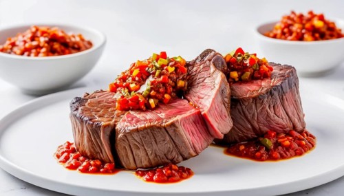 This mouthwatering dish features perfectly cooked steak topped with a colorful salsa, ready to be