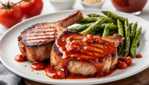 This image showcases a beautifully plated meal of grilled pork chops, vibrant tomato sauce, and