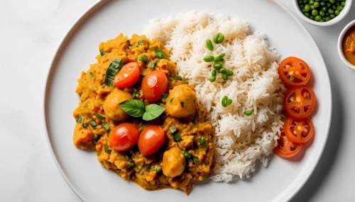 This vibrant dish features a flavorful curry, fluffy rice, and fresh tomato slices, perfect for a