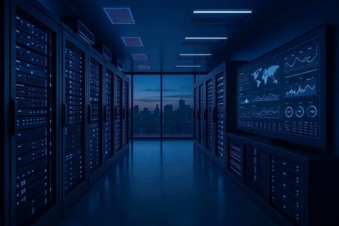 This image showcases a cutting-edge data center, highlighting the technology infrastructure and its