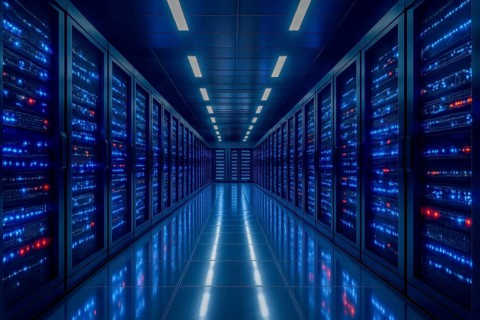 This image showcases a modern data center with rows of server racks, illuminated by blue lights,