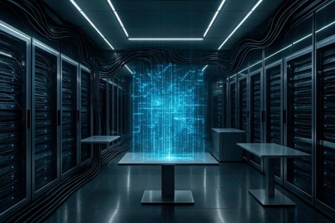 This image showcases a futuristic data center with server racks and a digital display, representing