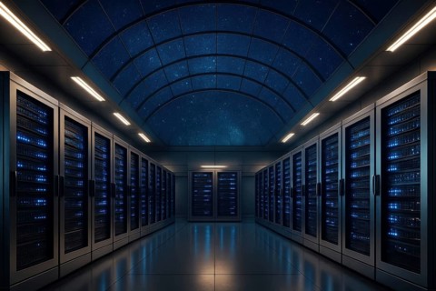 This futuristic data center showcases advanced technology and secure data storage solutions, AI