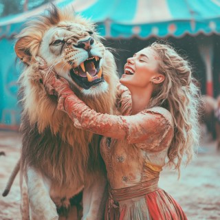 Lion trainer performs on the stage of a traveling circus, AI generated