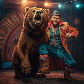 Bear with trainer in the circus arena, AI generated