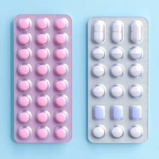 Pills in packages on a blue background, health care, AI generated