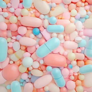 Multicolored pills, texture banner, healthcare, AI generated