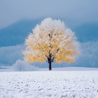 The first snow on the yellow leaves of a lonely tree, on the plain, AI generated