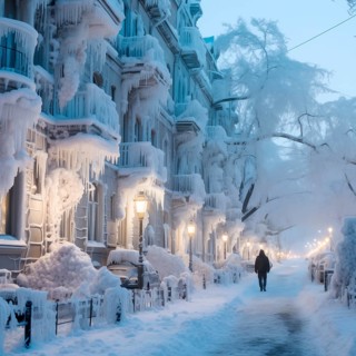 Icy balconies on buildings, extreme frosts in the city, AI generated