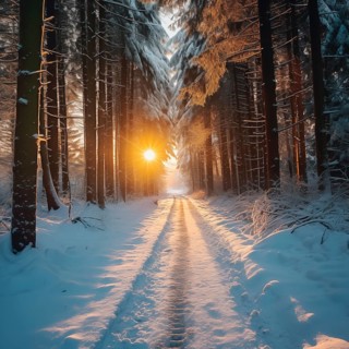 The sun at sunset illuminates the road in the winter forest, AI generated