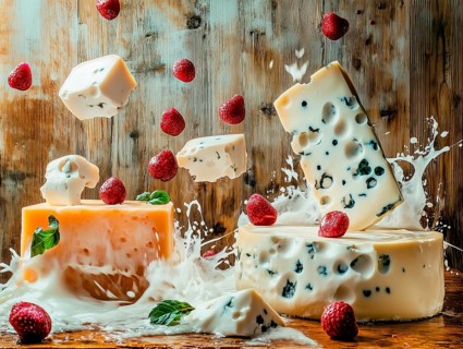 Pieces of cheese and strawberries in a splash of milk, AI generated
