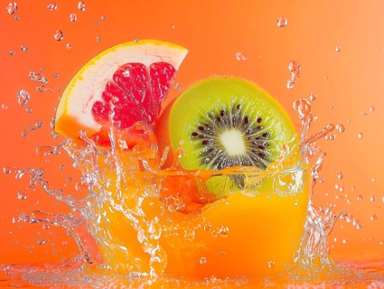 Slice of grapefruit and kiwi in a splash of fruit juice, AI generated