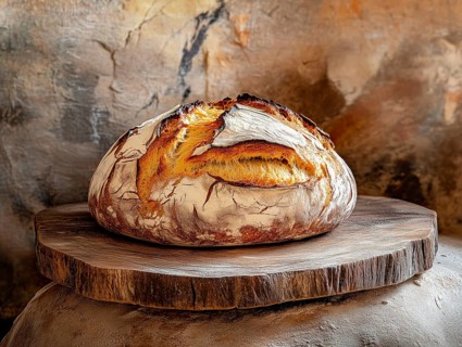 Round textured bread lies on a wooden board, homemade baking, AI generated