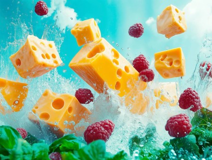 Pieces of cheese with raspberries and herbs in a splash of water, AI generated