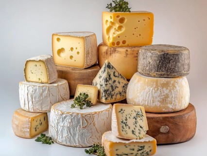 Assortment of cheeses on a light background, AI generated