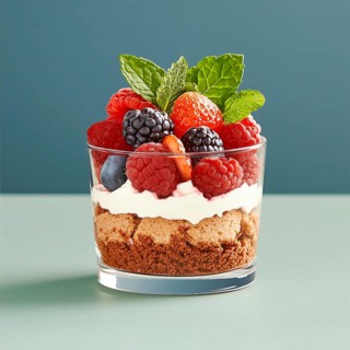 Dessert with cookies, yogurt, berries and mint in a glass, AI generated