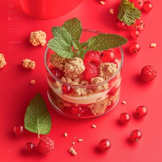 Granola with raspberries, mint, on a red background, AI generated