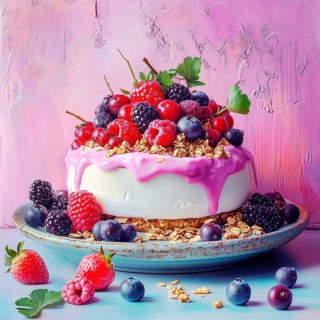 Curd dessert with granola and fresh berries, AI generated