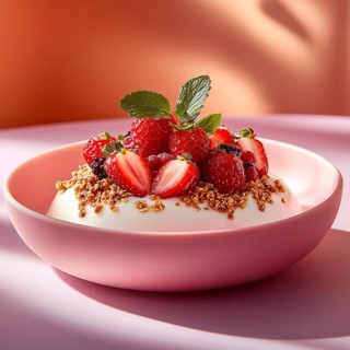 Yogurt with strawberries on a pink background, AI generated