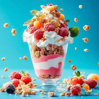 Dessert with granola, yogurt, jam, berries and mint on a blue background, AI generated