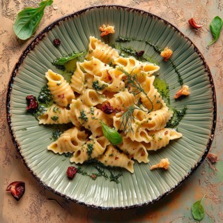 Gnocci with spices and pesto, on a clay plate, AI generated