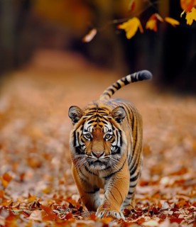 A young tiger walks along the ground strewn with autumn leaves, copy space, AI generated