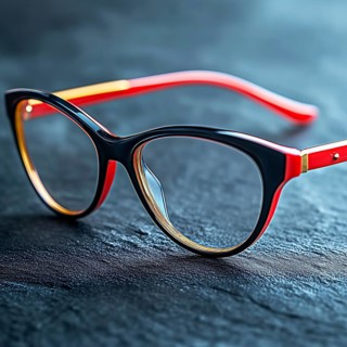 Women's glasses in red frames on a blue texture background, AI generated