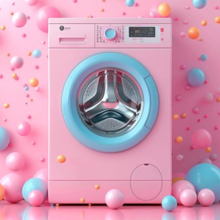 Pink washing machine on a background of colorful balls, AI generated