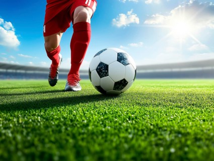 Football player's legs with a soccer ball on the grass, AI generated