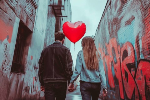 A girl and a guy in love walk past buildings with graffiti, AI generated