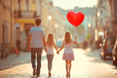Two girls and their father are walking down the street, the girl is holding a heart-shaped balloon,