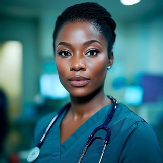 Portrait of a dark-skinned young female doctor in medical clothing with a stethoscope, AI generated