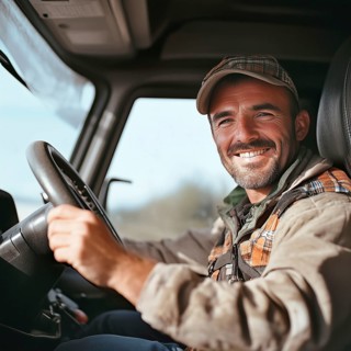 Portrait of a truck driver in the cab of a car, AI generated