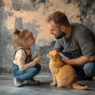 Father and daughter discussing cat care, AI generated