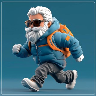 Stylish grandfather in winter clothes with a backpack on a blue background 3d, AI generated