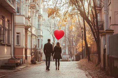A guy and a girl in love holding a red air heart, AI generated