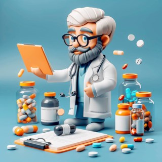 Doctor with tablet among medicine bottles, 3D, AI generated