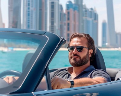 Successful man rides in a convertible against the backdrop of skyscrapers, AI generated