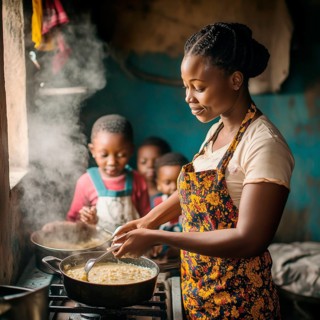 A woman with dark skin color cooks porridge for her small children in the kitchen, AI generated