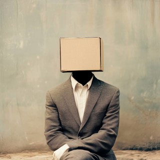 Man with a craft box on his head, isolation from society, copy space, AI generated