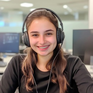 Girl in headphones in a call center office, AI generated