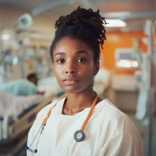 Portrait of a dark-skinned girl doctor in the hospital, AI generated