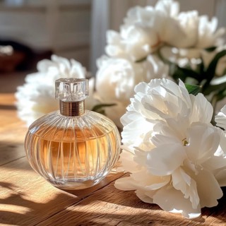 Perfume bottle and white peonies on wooden background, AI generated