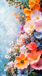 Flowers on a blue background, 3D composition, AI generated