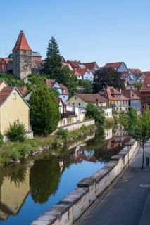 View of the old town on the river Hasslach, reflection, Kronach, Upper Franconia, Franconia,