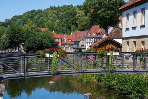 Footbridge over the Hasslach River, Eiserner Steg, Kronach, Upper Franconia, Franconia, Bavaria,
