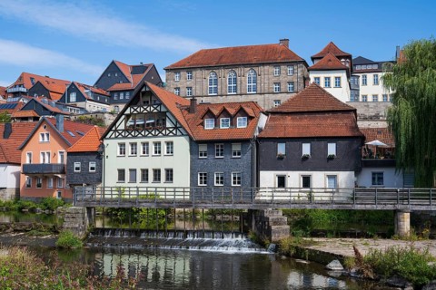 View of the old town on the river Hasslach, Kronach, Upper Franconia, Bavaria, Germany